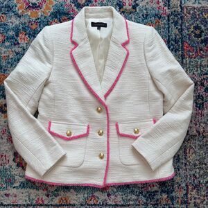 Talbots Cream and Pink Tweed Fringe Blazer Jacket Gold Buttons Women's Size 6
